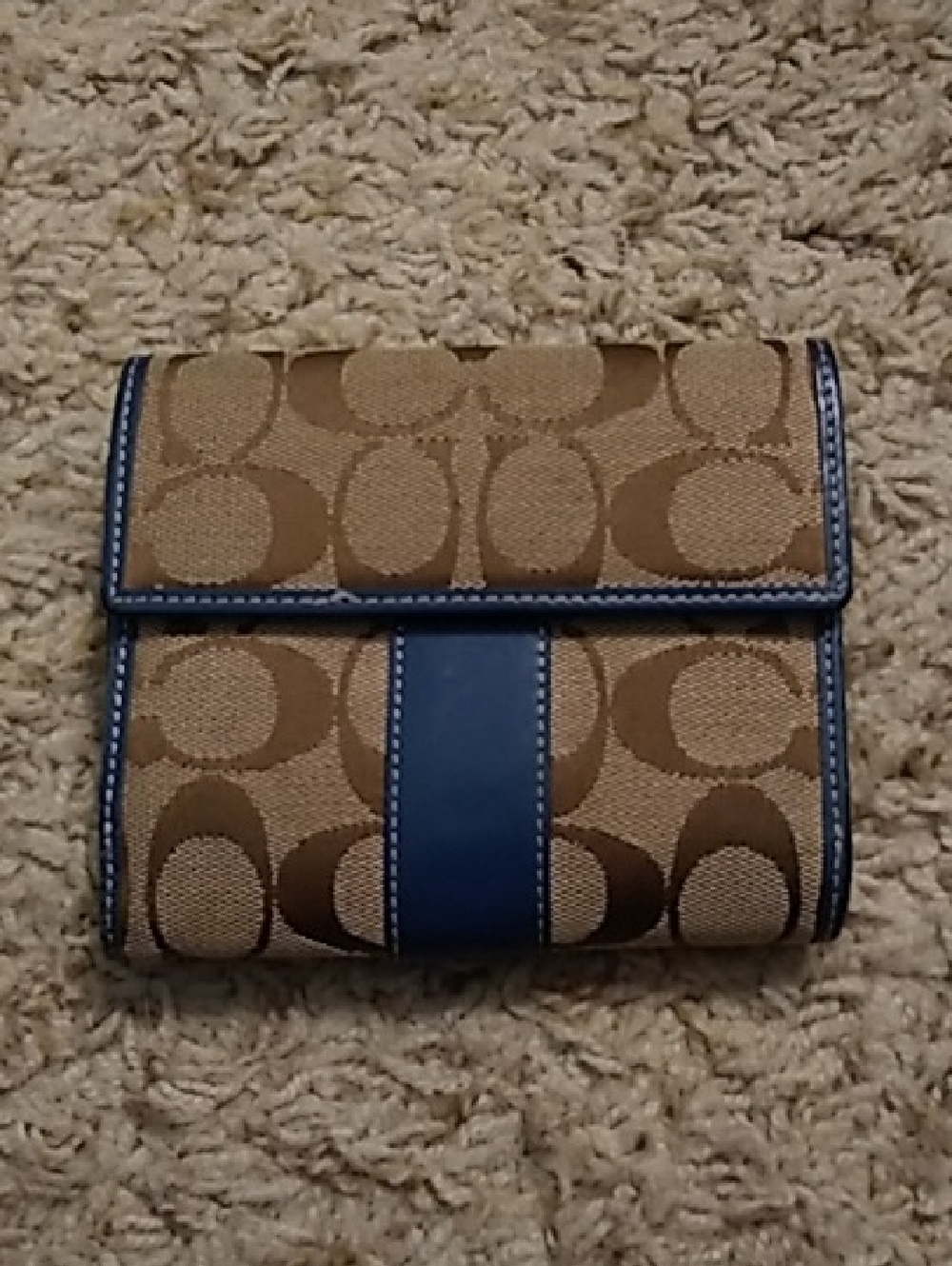 Coach Tan Signature Canvas Wallet with Blue Trim